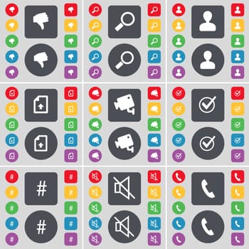 Dislike, Magnifying glass, Avatar, Upload file, CCTV, Tick, Hashtag, Mute, Receiver icon symbol. A large set of flat, colored buttons for your design. illustration