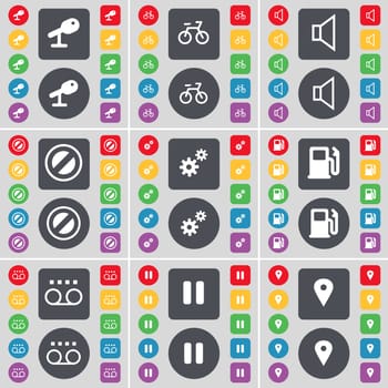 Microphone, Bicycle, Sound, Stop, Gear, Gas station, Cassette, Pause, Checkpoint icon symbol. A large set of flat, colored buttons for your design. illustration