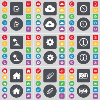 Survey, Cloud, Compass, Palm, Gear, Information, House, Clip, Charging icon symbol. A large set of flat, colored buttons for your design. illustration