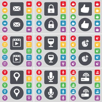 Message, Lock, Like, Media player, Wineglass, Pizza, Checkpoint, Microphone, Router icon symbol. A large set of flat, colored buttons for your design. illustration