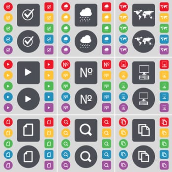 Tick, Cloud, Globe, Media play, Number, PC, File, Magnifying glass, Copy icon symbol. A large set of flat, colored buttons for your design. illustration