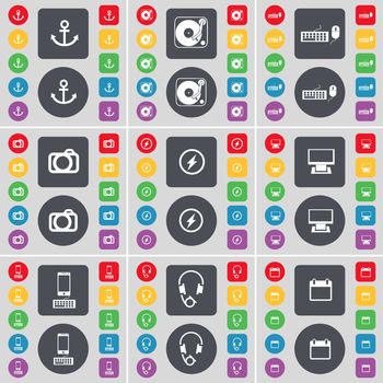Anchor, Gramophone, Keyboard, Camera, Flash, Monitor, Smartphone, Headphones, Calendar icon symbol. A large set of flat, colored buttons for your design. illustration