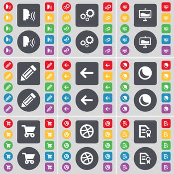 Talk, Gear, Graph, Pencil, Arrow left, Moon, Shopping cart, Ball, Text file icon symbol. A large set of flat, colored buttons for your design. illustration
