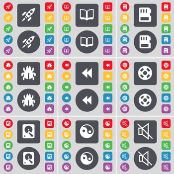 Rocket, Book, SIM card, Bug, Rewind, Videotape, Hard drive, Yin-Yang, Mute icon symbol. A large set of flat, colored buttons for your design. illustration