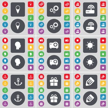 Checkpoint, Gear, Router, Silhouette, Projector, Light, Anchor, Gift, Anchor icon symbol. A large set of flat, colored buttons for your design. illustration