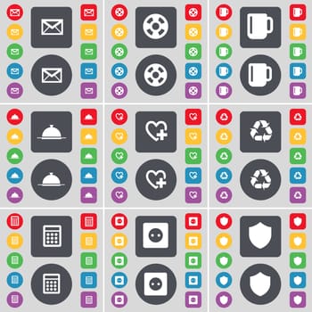 Message, Videotape, Cup, Tray, Heart, Recycling, Calculator, Socket, Badge icon symbol. A large set of flat, colored buttons for your design. illustration