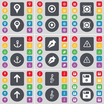 Checkpoint, Arrow up, Speaker, Anchor, Ink pen, Warning, Arrow up, Clef, Floppy icon symbol. A large set of flat, colored buttons for your design. illustration