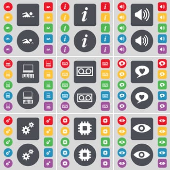 Swimmer, Information, Sound, Laptop, Cassette, Chat bubble, Gear, Processor, Vision icon symbol. A large set of flat, colored buttons for your design. illustration