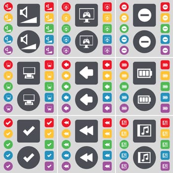 Volume, Monitor, Minus, Arrow left, Battery, Tick, Rewind, Music window icon symbol. A large set of flat, colored buttons for your design. illustration