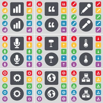 Diagram, Quotation mark, Microphone, Signpost, Thermometer, Gear, Earth, Network icon symbol. A large set of flat, colored buttons for your design. illustration