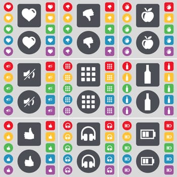 Heart, Dislike, Apple, Mute, Apps, Bottle, Like, Headphones, Battery icon symbol. A large set of flat, colored buttons for your design. illustration