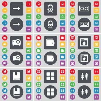 Arrow right, Train, Cassette, Projector, Wallet, Window, Dictionary, Apps, Silhouette icon symbol. A large set of flat, colored buttons for your design. illustration