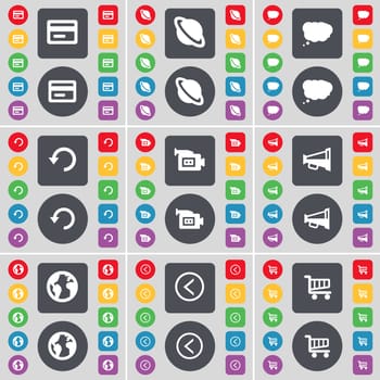 Credit card, Planet, Chat cloud, Reload, Film camera, Megaphone, Earth, Arrow left, Shopping cart icon symbol. A large set of flat, colored buttons for your design. illustration