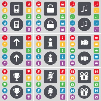 Mobile phone, Lock, Note, Arrow up, Information, Camera, Cup, Microphone, Gift icon symbol. A large set of flat, colored buttons for your design. illustration