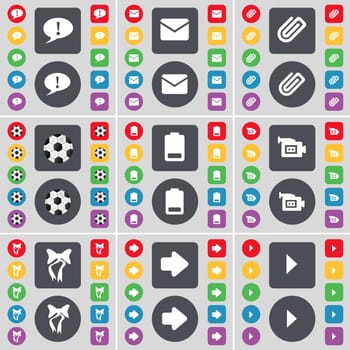 Chat bubble, Message, Clip, Ball, Battery, Film camera, Bow, Arrow right, Media play icon symbol. A large set of flat, colored buttons for your design. illustration