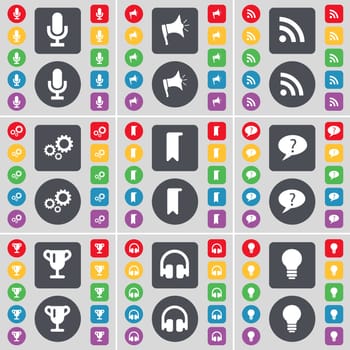 Microphone, Megaphone, RSS, Gear, Marker, Chat bubble, Cup, Headphones, Light bulb icon symbol. A large set of flat, colored buttons for your design. illustration