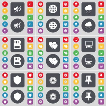 Mute, Globe, Cloud, SIM card, Heart, Monitor, Badge, Lens, Pin icon symbol. A large set of flat, colored buttons for your design. illustration