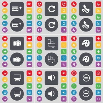 Cassette, Reload, Receiver, Camera, Connection, Palette, Monitor, Sound, Minus icon symbol. A large set of flat, colored buttons for your design. illustration