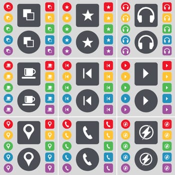 Copy, Star, Headphones, Cup, Media skip, Media play, Checkpoint, Receiver, Flash icon symbol. A large set of flat, colored buttons for your design. illustration