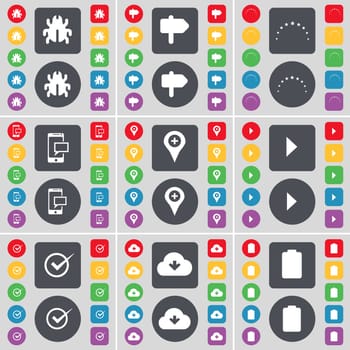 Bug, Signpost, Stars, SMS, Checkpoint, Media play, Tick, Cloud, Battery icon symbol. A large set of flat, colored buttons for your design. illustration