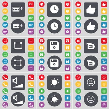 Cassette, Clock, Like, Frame, Floppy, Film camera, Volume, Light, Smile icon symbol. A large set of flat, colored buttons for your design. illustration