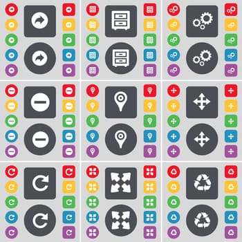 Battery, Bed-table, Gear, Minus, Checkpoint, Moving, Reload, Full screen, Recycling icon symbol. A large set of flat, colored buttons for your design. illustration
