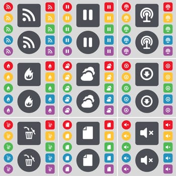 RSS, Pause, Wi-Fi, Fire, Cloud, Arrow down, Trash can, File, Mute icon symbol. A large set of flat, colored buttons for your design. illustration