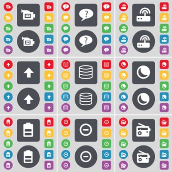 Film camera, Chat bubble, Router, Arrow up, Database, Moon, Battery, Minus, Radio icon symbol. A large set of flat, colored buttons for your design. illustration