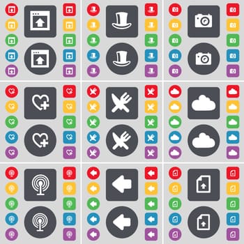 Window, Silk hat, Camera, Heart, Fork and knife, Cloud, Wi-Fi, Arrow left, Upload file icon symbol. A large set of flat, colored buttons for your design. illustration