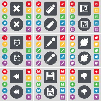 Stop, USB, Music window, Alarm clock, Microphone, Leaf, Rewind, Floppy, Dislike icon symbol. A large set of flat, colored buttons for your design. illustration
