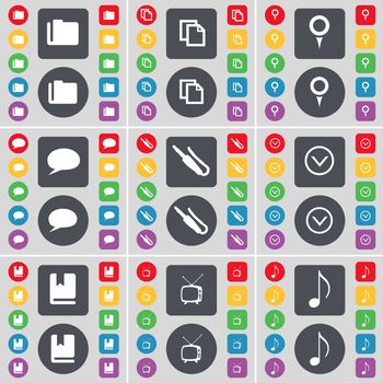 Folder, Copy, Checkpoint, Chat bubble, Microphone connector, Arrow down, Dictionary, Retro TV, Note icon symbol. A large set of flat, colored buttons for your design. illustration