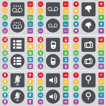 Cassette, Dislike, List, Mobile phone, Camera, Microphone, Sound, Checkpoint icon symbol. A large set of flat, colored buttons for your design. illustration