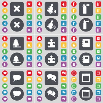 Stop, Bell, Fire extinguisher, Firtree, Puzzle part, Notebook, Chat cloud, Chat, Window icon symbol. A large set of flat, colored buttons for your design. illustration