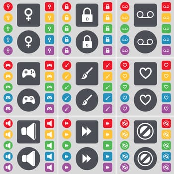 Venus symbol, Lock, Cassette, Gamepad, Brush, Heart, Sound, Rewind, Stop icon symbol. A large set of flat, colored buttons for your design. illustration