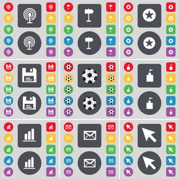 Wi-Fi, Signpost, Star, Floppy, Ball, Flag tower, Diagram, Message, Cursor icon symbol. A large set of flat, colored buttons for your design. illustration