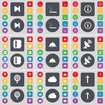 Media skip, Cigarette, Information, Notebook, Tray, Satellite dish, Lollipop, Cloud, Arrow up icon symbol. A large set of flat, colored buttons for your design. illustration