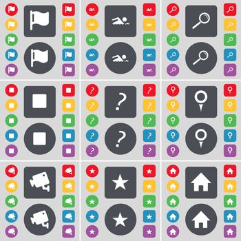 Flag, Swimmer, Magnifying glass, Media stop, Question mark, Checkpoint, CCTV, Star, House icon symbol. A large set of flat, colored buttons for your design. illustration