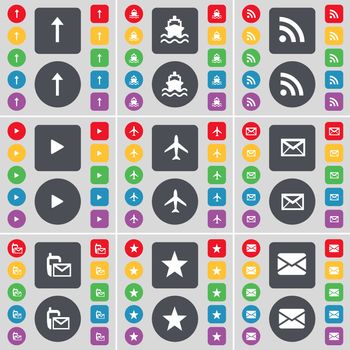 Arrow up, Ship, RSS, Media play, Airplane, Message, SMS, Star icon symbol. A large set of flat, colored buttons for your design. illustration