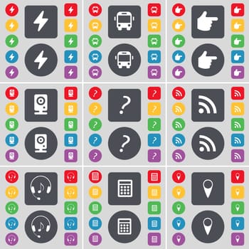 Flash, Bus, Hand, Speaker, Question mark, RSS, Headphones, Calculator, Checkpoint icon symbol. A large set of flat, colored buttons for your design. illustration
