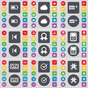 Battery, Cloud, Cassette, Media skip, Medal, Player, Tick, Wrench icon symbol. A large set of flat, colored buttons for your design. illustration