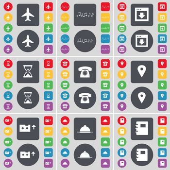 Airplane, Note, Window, Hourglass, Receiver, Checkpoint, Cassette, Tray, Notebook icon symbol. A large set of flat, colored buttons for your design. illustration