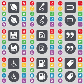 Planet, Microphone, Battery, Floppy, Media file, Quotation mark, Disabled person, Gas station, Tag icon symbol. A large set of flat, colored buttons for your design. illustration