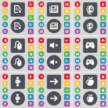 Text file, Newspaper, Globe, Mouse, Mute, Gamepad, Wrist watch, Arrow right, Apple icon symbol. A large set of flat, colored buttons for your design. illustration