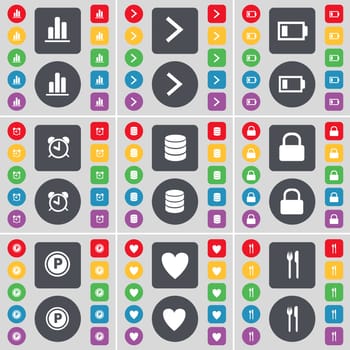 Diagram, Arrow up, Battery, Alarm clock, Database, Lock, Parking, Heart, Fork and knife icon symbol. A large set of flat, colored buttons for your design. illustration