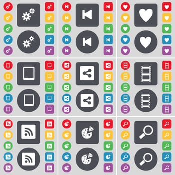 Gear, Media skip, Heart, Tablet PC, Share, Negative films, RSS, Pizza, Magnfying glass icon symbol. A large set of flat, colored buttons for your design. illustration