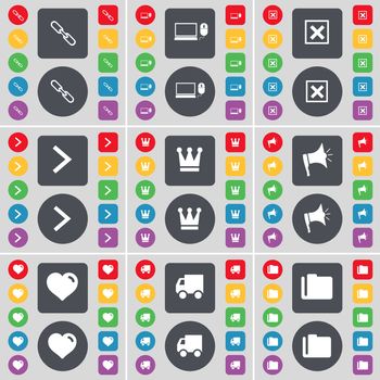 Link, Laptop, Stop, Arrow up, Crown, Megaphone, Heart, Truck, Folder icon symbol. A large set of flat, colored buttons for your design. illustration