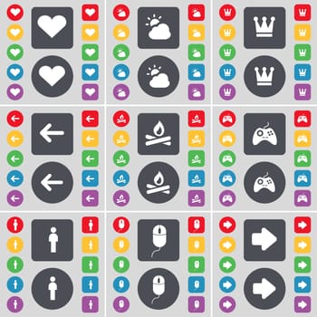Heart, Cloud, Crown, Arrow left, Campfire, Gamepad, Silhouette, Mouse, Arrow right icon symbol. A large set of flat, colored buttons for your design. illustration