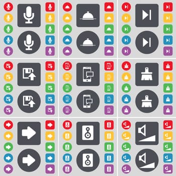 Microphone, Tray, Media skip, Floppy, SMS, Brush, Arrow right, Speaker, Volume icon symbol. A large set of flat, colored buttons for your design. illustration