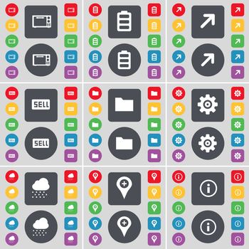 Microwave, Battery, Full screen, Sell, Folder, Gear, Cloud, Checkpoint, Information icon symbol. A large set of flat, colored buttons for your design. illustration