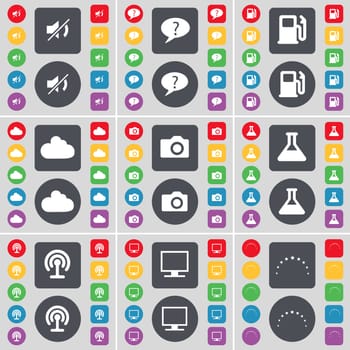 Mute, Chat bubble, Gas station, Cloud, Camera, Flask, Wi-Fi, Monitor, Star icon symbol. A large set of flat, colored buttons for your design. illustration